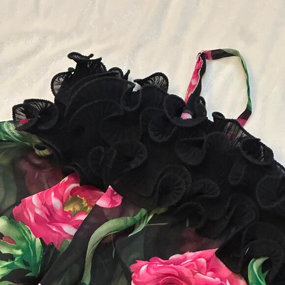 vintage forever 21 sheer Pink floral off the shoulder blouse black ruffle trim - Picture 5 of 7